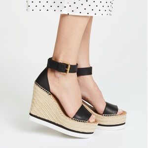 SEE BY CHLOÉ Glyn Wedge Espadrilles Black Leather sandals